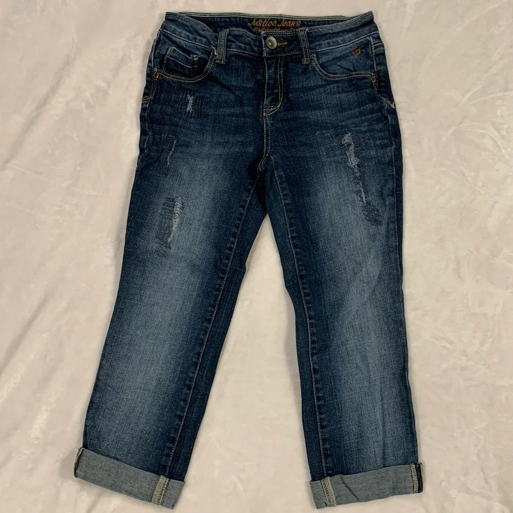 Justice Jeans Cuffed Capri Distressed Stitching Size 14 Slim